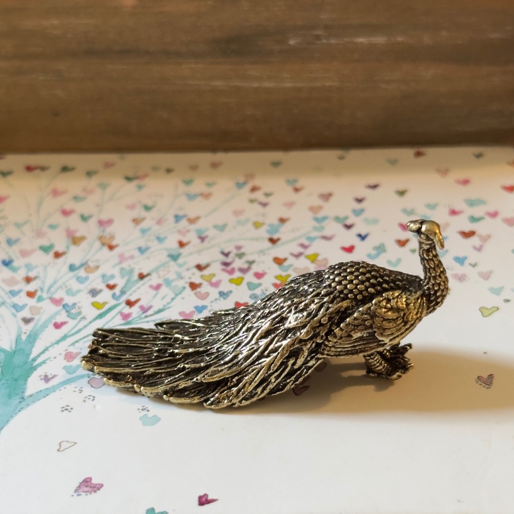 BG21 Peacock Figurine Bronze Tone Miniature Bird Sculpture Vintage Style Decor